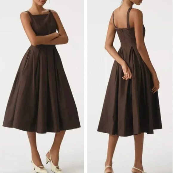 NEW Reformation Jovana Midi Dress Sz6 Mole Chocolate Brown Square-Neck Cotton - Picture 4 of 9
